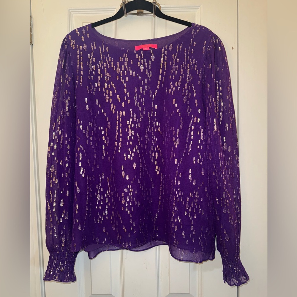 EUC Lilly Pulitzer Idina Long Sleeve Silk Top Purple Berry Fish Clip Chiffon - Picture 4 of 7